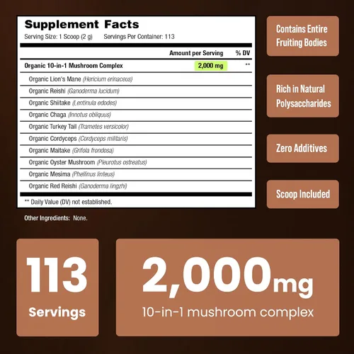 Vista 6 de NutraChamps Polvo orgánico de hongos – Complejo 10 en 1 – Mezcla de polvo de suplemento de hongos para memoria, concentración y apoyo inmunológico