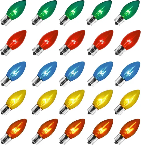 Vista 8 de Bombillas de repuesto C9 transparentes incandescentes paquete de 25 bombillas de repuesto para luces de Navidad C9, base intermedia E17, 7 vatios
