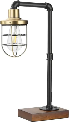 Vista 7 de CONCA Lámpara de mesa Steampunk, base E26, iluminación rústica Edison, lámpara de mesa con pantalla enjaulada (A-Negro+Bronce)