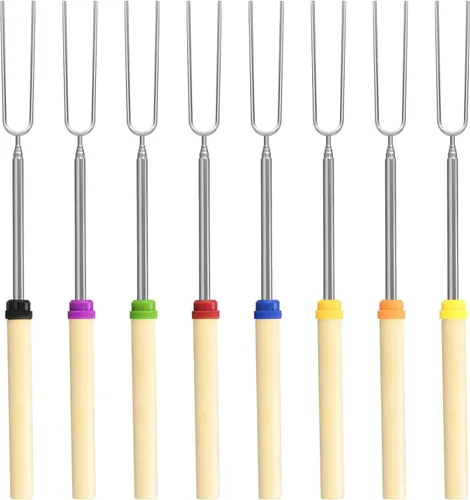 Vista 11 de Juego de 5 palitos para asar malvaviscos, brochetas extensibles de metal de 32 pulgadas de largo con mango de madera, para malvavisco, perros