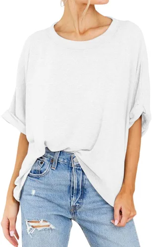 Vista 2 de Camiseta de manga corta para mujer, de gran tamaño, cuello redondo, holgada, casual, para verano