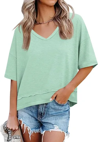 Vista 32 de Cicy Bell Camisetas de verano con cuello en V para mujer, casuales, de manga corta, holgadas, lindas camisetas básicas Caqui