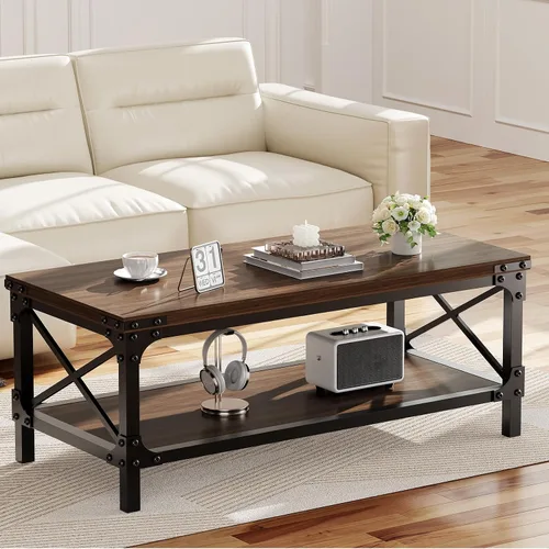 Vista 7 de Mesa de café rectangular para sala de estar, mesa de café rectangular de madera, mesa central industrial moderna de 2 niveles con tablero engrosado