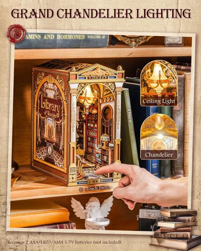 Vista 6 de Rolife Kit de rincón de libro de bricolaje – Rompecabezas de madera 3D de la Biblioteca de las Maravillas Casa barroca en miniatura con gran