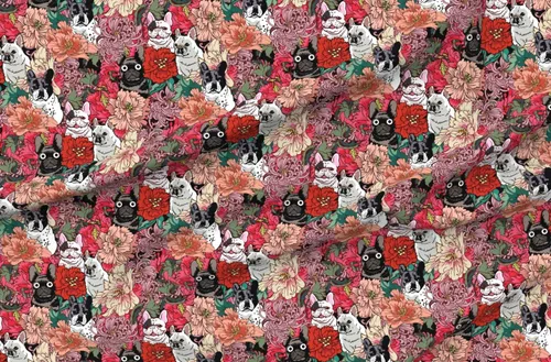 Vista 4 de Spoonflower Tela - Frenchie Florals Bulldog Francés Flores Rojas Rosadas Perros No Deportivos Impresos en Tela de Gasa Barrio Grasa - Costura Ropa