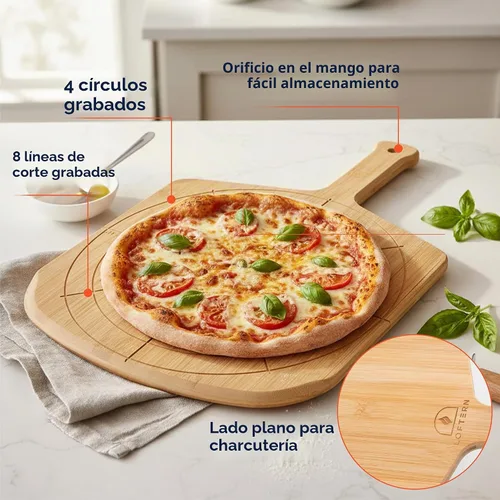 Vista 4 de Pizarra de madera de 12 pulgadas con tamaños grabados, tabla de cortar de pizza de bambú multiusos, cáscara de pizza de madera, espátula de pizza