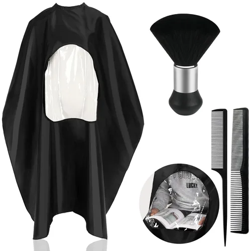 Vista 8 de FEBSNOW - Capa de barbero con ventana transparente y cepillo para el cuello Professional Large Hair Cutting Cape, Water Repellent Fabric, 55 x 66