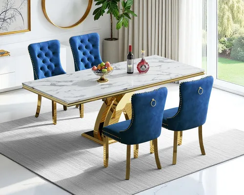 Vista 69 de Juego de 4 mesas de comedor blancas y doradas, mesa de cocina rectangular de 68 pulgadas con parte superior de mármol sintético blanco, mesa de Mesa