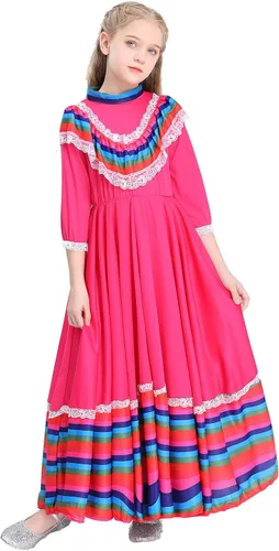 Vista 3 de BEDJIMI Vestido de fiesta mexicano del Cinco de Mayo para niñas, disfraz de estilo nacional mexicano para fiestas, eventos y celebraciones festivas