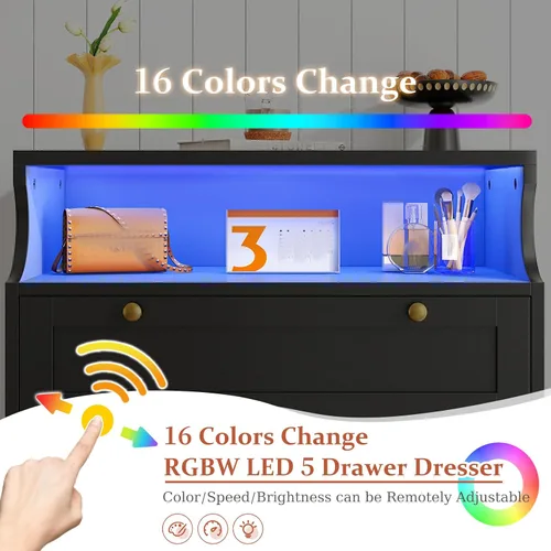 Vista 5 de EnHomee Black Dresser with 5 Drawers for Bedroom,Tall Dresser with LED Lights and 2 Shelves,Dressers & Chests of Drawers for Hallway,Entryway,Black