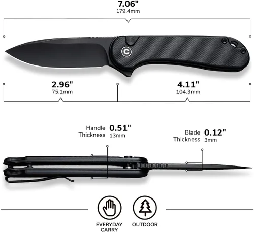 Vista 5 de CIVIVI Elementum II - Navaja de bolsillo plegable, hoja de acero Nitro-V de 2.96 pulgadas, mango G10, cuchillo utilitario con clip de bolsillo Negro