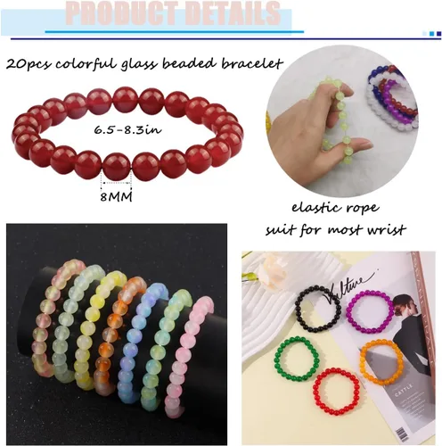 Vista 4 de FINZOR 24 pulseras elásticas de cuentas de 0.315 pulgadas hechas a mano para mujer, pulsera elástica de cuentas multicolor mate para mujer, pulsera