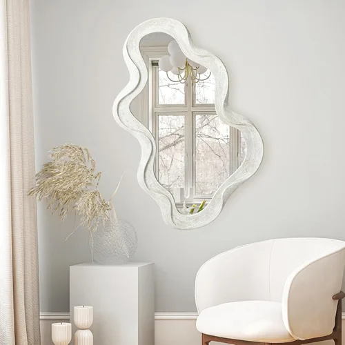 Vista 9 de Glitzhome Wavy Wall Miroor - 33.5''D Round Accent Mirror Decorative or Bedroom Living Room Entryway Hallway, Black Wood Frame
