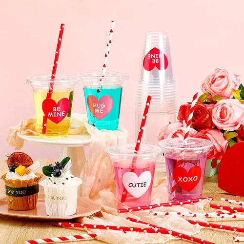 Vista 4 de Eaasty Juego de 20 vasos de plástico para el día de San Valentín con tapa y pajitas, 12 onzas, con corazón, desechables, con calcomanía, suministros