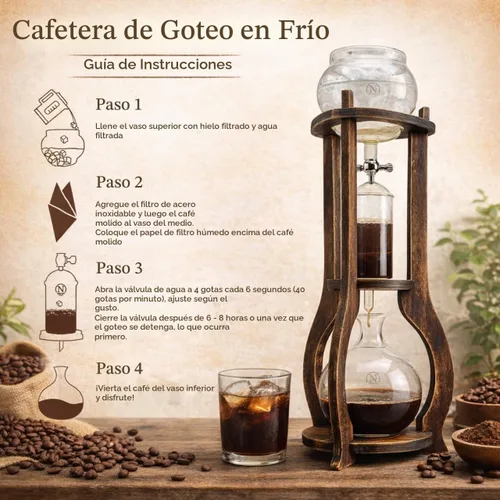 Vista 8 de Nispira Cafetera de Torre de Goteo para Café Frío Cold Brew, Cafetera Manual Cold Brew de 6 a 8 tazas con Válvula Ajustable, Marco de Madera