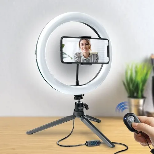 Vista 4 de Bower Anillo de luz LED de mesa de 10 pulgadas, regulable, modo de 3 colores, brillo de 10 niveles, perfecto para vlogging, transmisión, redes