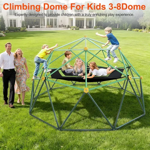 Vista 7 de Domo de Escalada Jungle Gym para Niños de 10 Pies, con Hamaca, Conjunto de Juegos Resistente de Servicio Pesado para Exteriores Todo Clima
