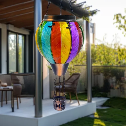 Vista 4 de Linterna solar colorida con globo de aire caliente con luz de llama parpadeante, faroles solares colgantes de vidrio, faroles solares