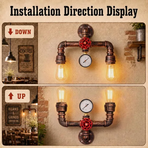 Vista 4 de MQ Lámpara de pared de tubería de agua, accesorios Steampunk, 2 luces, montaje en pared, enchufe E26, lámpara de pared rústica vintage para baño