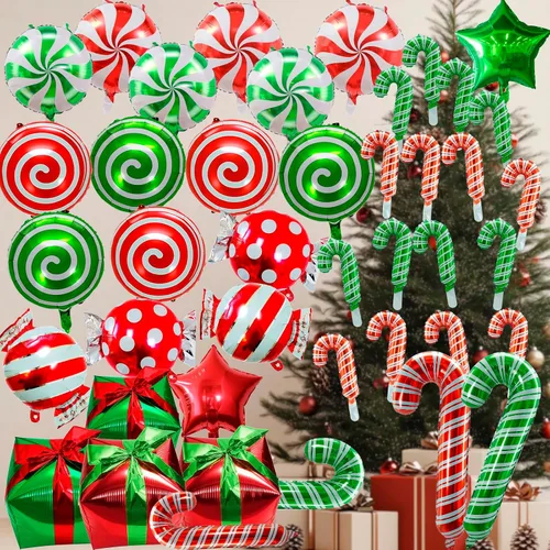 Vista 7 de Decoraciones de globos de bastón de caramelo de Navidad, 42 globos de papel de aluminio de bastón de caramelo con cinta, globo redondo de Mylar