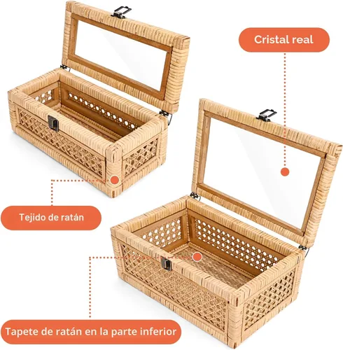 Vista 2 de HUAXIN CRAFT H Caja decorativa de ratán con tapa, rectangular tejida con vidrio para exhibición, juego de 2 mimbre para decoración