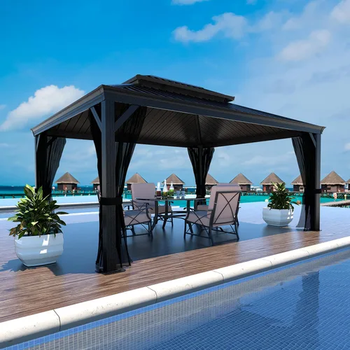 Vista 17 de MUPATER Gazebo para exteriores de 10 x 12 pies, carpa de techo rígido con doble techo, estructura resistente con sistema de drenaje y mosquitera