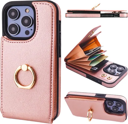 Vista 28 de Folosu Funda tipo billetera compatible con iPhone 14 con soporte para tarjetas, soporte de anillo para dedo con rotación de 360° y función atril