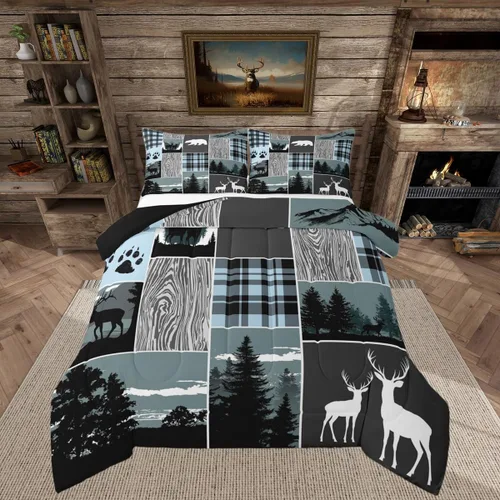 Vista 45 de Juego de edredón de cabaña rústica navideña, juego de ropa de cama estilo rústico con diseño de osos y ciervos, tamaño completo, patchwork Multi 08
