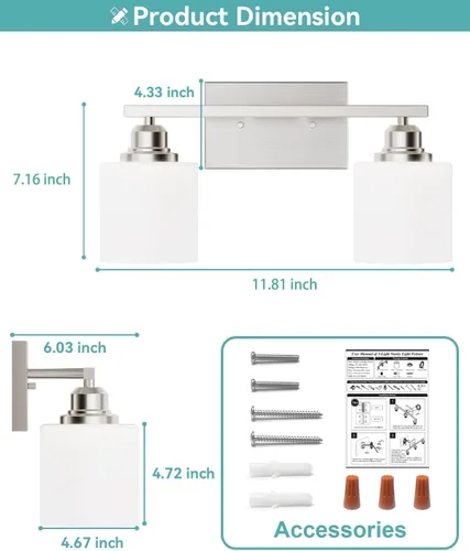 Vista 6 de Accesorios de iluminación de baño Sailstar de 2 luces, accesorios de iluminación de tocador de níquel cepillado, lámpara de tocador moderna