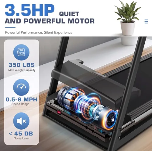 Vista 7 de Cinta de correr con inclinación, caminadora plegable con estación de trabajo de escritorio, capacidad de 350 libras, 3.5 HP, cinta de correr 01-Negro