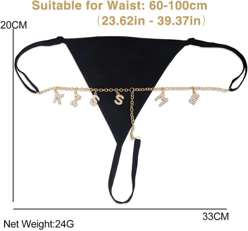 Vista 7 de Cadena de cintura personalizada con ropa interior para mujer, tangas personalizadas con nombre de letra de cristal