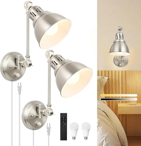 Vista 13 de GOODATE Apliques de pared enchufables, iluminación de pared con interruptor de encendido y apagado regulable, lámpara de pared con brazo oscilante