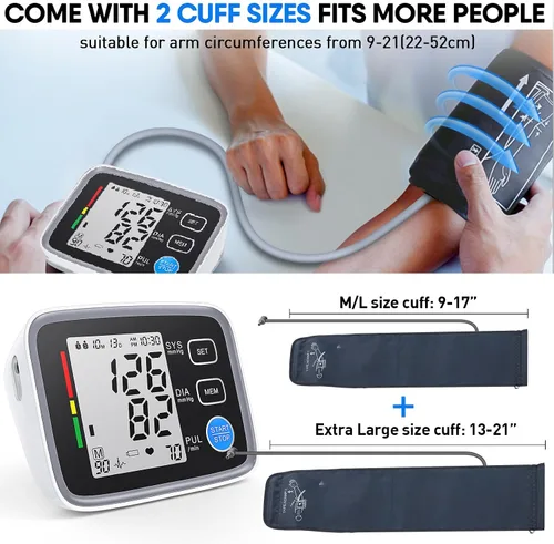 Vista 2 de ALPHAGOMED Monitor de presión arterial para brazo de tamaño superior para uso doméstico 2 tamaños de brazalete, 9-17'' y 13-21'' brazalete