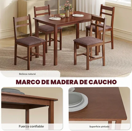 Vista 4 de HOMCOM Juego de mesa de comedor de madera maciza de 5 piezas para 4, mesa de cocina estilo granja con sillas tapizadas para espacios pequeños Marrón