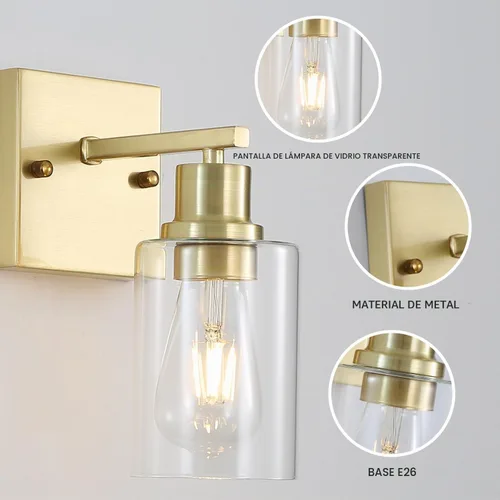 Vista 2 de Paquete de 2 lámparas de pared para sala de estar, luces de tocador de oro cepillado con pantalla de cristal, apliques de pared modernos de granja