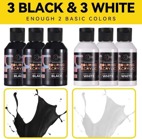 Vista 4 de OPHIR Total 22.8OZ Set de Pintura Acrílica para Verter, 3 Suministros de Pintura Acrílica Premezclada para Verter en Negro y 3 en Blanco, para Juego