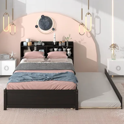 Vista 7 de Polibi Cama de plataforma de tamaño matrimonial con nido individual y estantería, cama de plataforma de almacenamiento de madera con cabecera