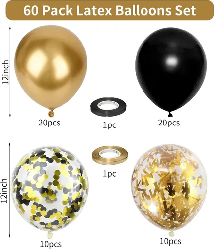 Vista 2 de Globos negros dorados, paquete de 60 globos de látex de 12 pulgadas negros metálicos cromados dorados con globo de confeti dorado para hombres