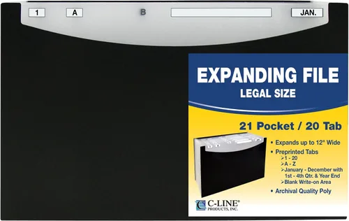 Vista 2 de C-Line Archivo expandible de diseño de pie de 21 bolsillos, expansión de 12 pulgadas, 21 secciones, pestañas de corte 1/5, tamaño legal, negro