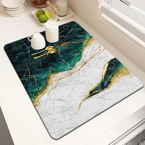Vista 14 de MCALK Tapete de secado de platos negro mármol para encimera de cocina, almohadilla de secado de platos dorada con base de goma antideslizante