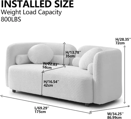 Vista 2 de Sofá curvado compacto de 69 pulgadas para espacios pequeños y apartamentos, sofá boucle de estilo japonés, sofá minimalista de 2 plazas con marco