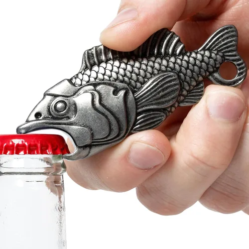 Vista 11 de Abrebotellas de pescado para hombres – Abrebotellas de pesca de cobre antiguo, abridor detallado de cerveza de bajo de boca grande, regalo