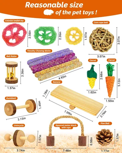 Vista 2 de Juguetes de hámster y conejillo de indias – 18 piezas de juguetes de madera para masticar animales pequeños para dientes – Conejo, chinchilla