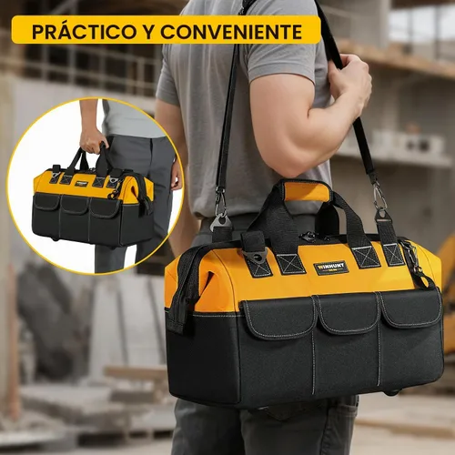 Vista 8 de WINHUNT Bolsa de herramientas premium, 14 bolsillos, 18 pulgadas, negro/amarillo, correa de hombro ajustable