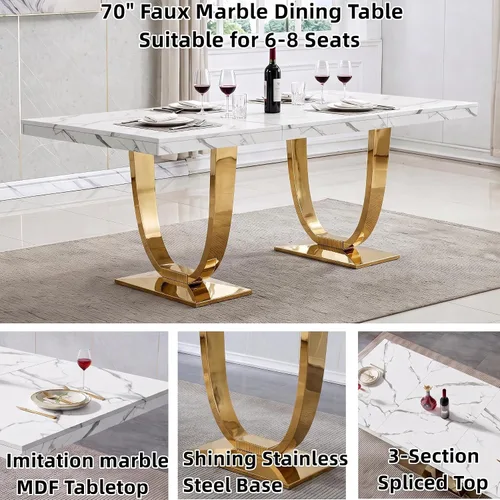 Vista 3 de Henf Mesa de comedor rectangular de mármol sintético blanco de 70 pulgadas Blanco & Oro