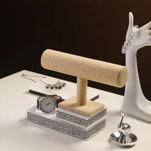 Vista 4 de Justsoso Soporte para pulsera con barra en T, soporte de exhibición de pulsera de lino natural para exhibición en tienda, organizador de joyas
