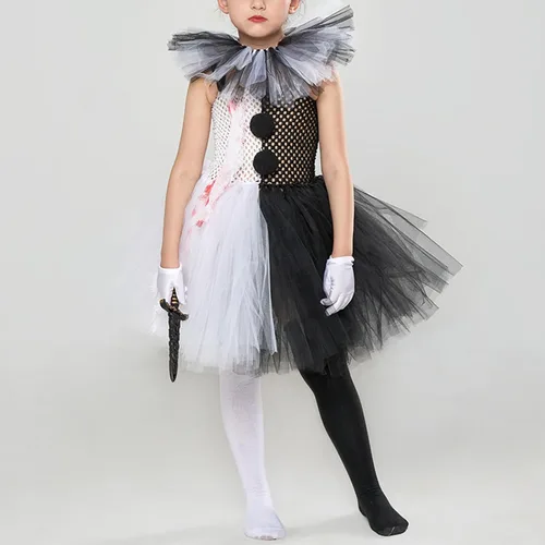 Vista 6 de Tempura Conjunto de disfraz de payaso de Halloween para niñas y niñas, vestido de tul, cuchillo, calcetines, guantes, horquilla, juegos para fiestas