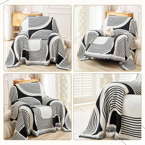 Vista 2 de WEYOND Funda de Sofá Boho de Chenilla con Borlas, Funda de Sofá Bohemia para Sofá de 1 Cojín, Sillón, Silla, 1 Plaza (71" x 91", Negro)