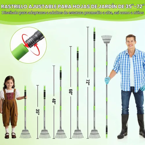 Vista 3 de WORKPRO Rastrillo, rastrillo pequeño para hojas con mango largo ajustable de 72 pulgadas, 11 púas de acero, rastrillos de hojas de metal resistentes