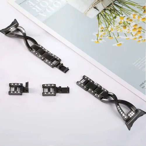 Vista 4 de Correa compatible con Google Pixel Watch – Cadena de repuesto de metal para mujer, pulsera de joyería brillante con diamantes de imitación para Negro